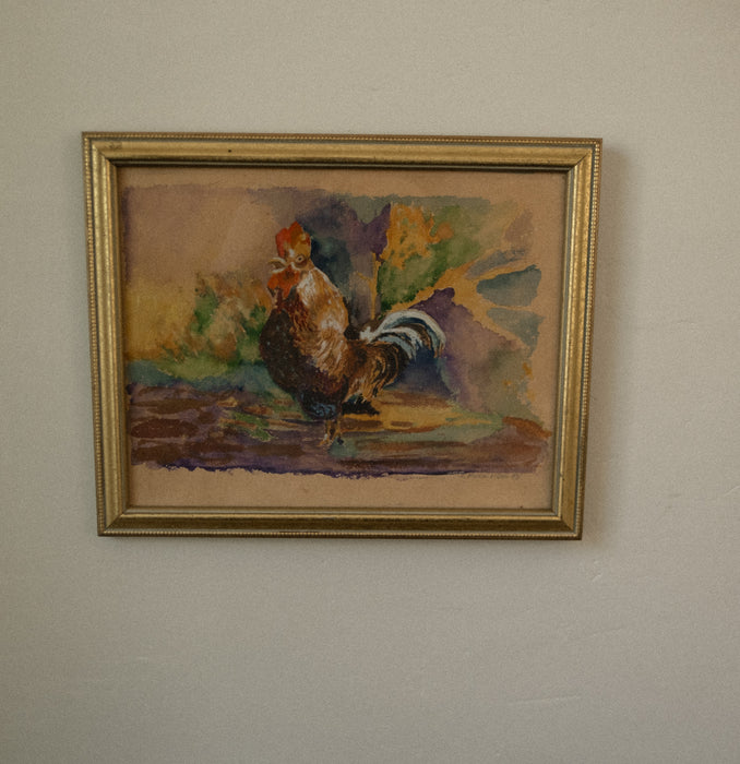 Vintage framed rooster watercolor painting