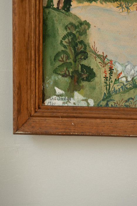 Vintage landscape folk art watercolor painting