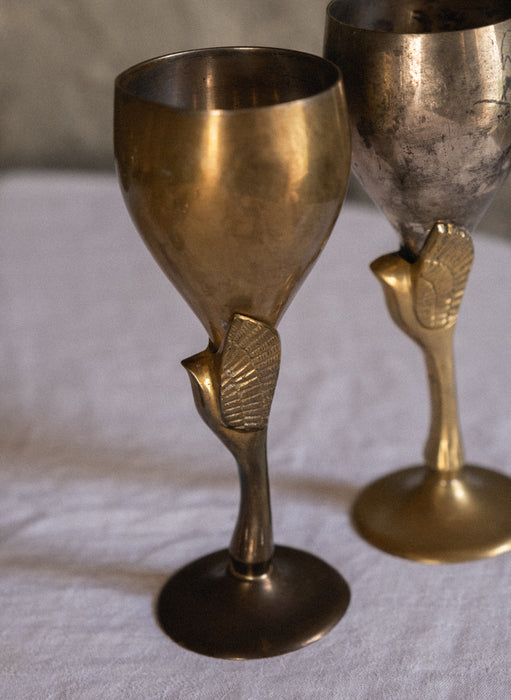 Pair of Antique brass cups with bird motif