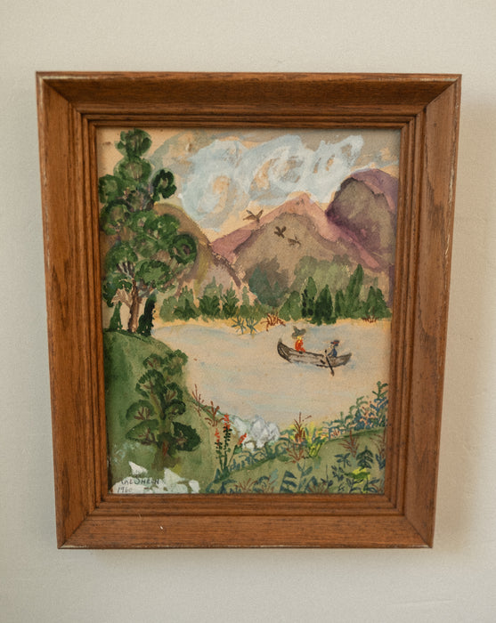 Vintage landscape folk art watercolor painting