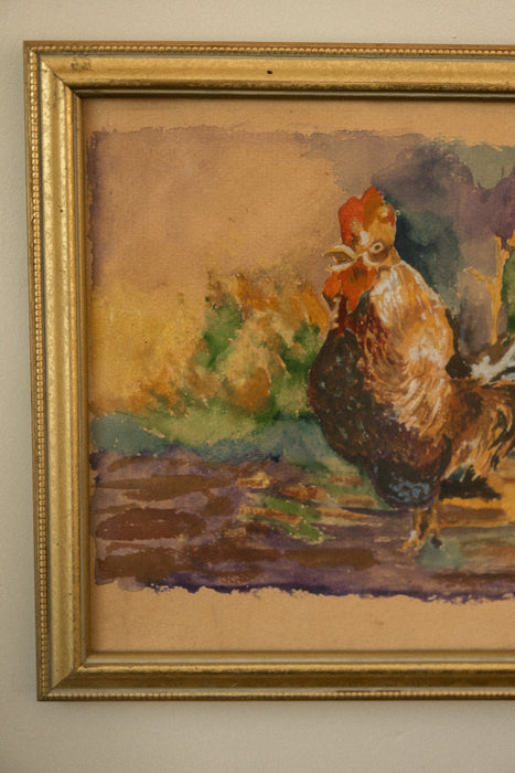 Vintage framed rooster watercolor painting