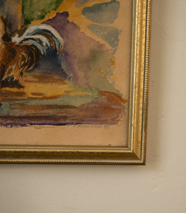 Vintage framed rooster watercolor painting