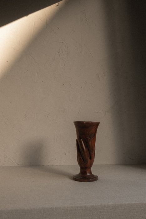 Vintage wood vase with hand detail